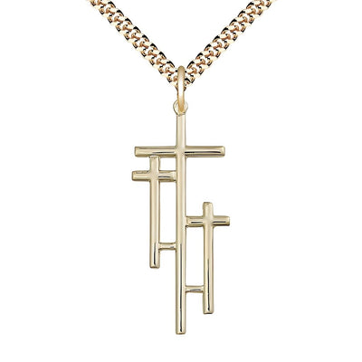 Three Crosses 14kt Gold-filled Medal Necklace with Gold-plated Heavy Curb Chain, Measures 1 3/8-inch tall by 1/2-inch wide, Bliss Manufacturing