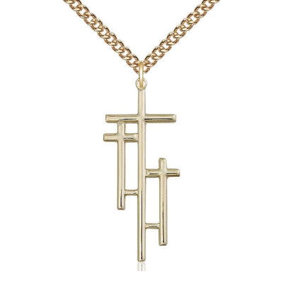 Three Crosses 14kt Gold-filled Medal Necklace with Gold-filled Heavy Curb Chain, Measures 1 3/8-inch tall by 1/2-inch wide, Bliss Manufacturing