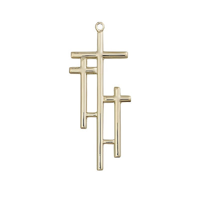 Three Crosses 14kt Gold Medal, Measures 1 3/8-inch tall by 1/2-inch wide, Bliss Manufacturing