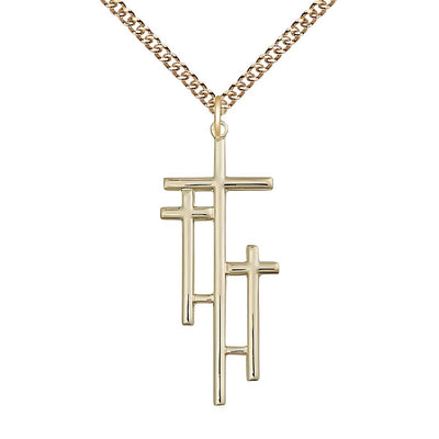 Three Crosses 14kt Gold Medal Necklace with 14kt Gold Heavy Curb Chain, Measures 1 3/8-inch tall by 1/2-inch wide, Bliss Manufacturing