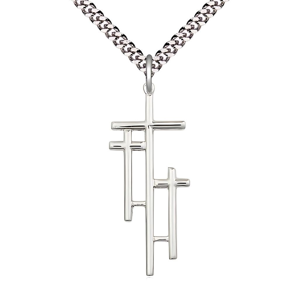 Bliss Three Crosses Sterling Silver Medal Necklace with Rhodium-plated Heavy Curb Chain, Measures 1 3/8-inch tall by 1/2-inch wide