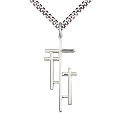 Three Crosses Sterling Silver Medal Necklace with Rhodium-plated Heavy Curb Chain, Measures 1 3/8-inch tall by 1/2-inch wide, Bliss Manufacturing