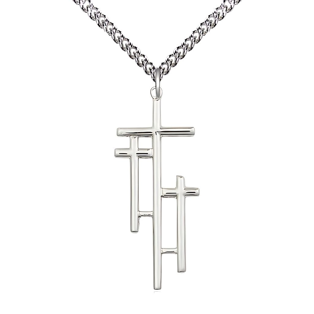 Bliss Three Crosses Sterling Silver Medal Necklace with Sterling Silver Heavy Curb Chain, Measures 1 3/8-inch tall by 1/2-inch wide