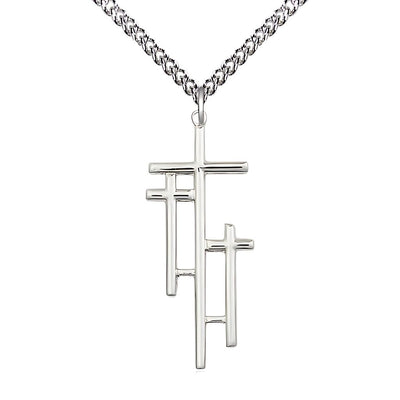Three Crosses Sterling Silver Medal Necklace with Sterling Silver Heavy Curb Chain, Measures 1 3/8-inch tall by 1/2-inch wide, Bliss Manufacturing
