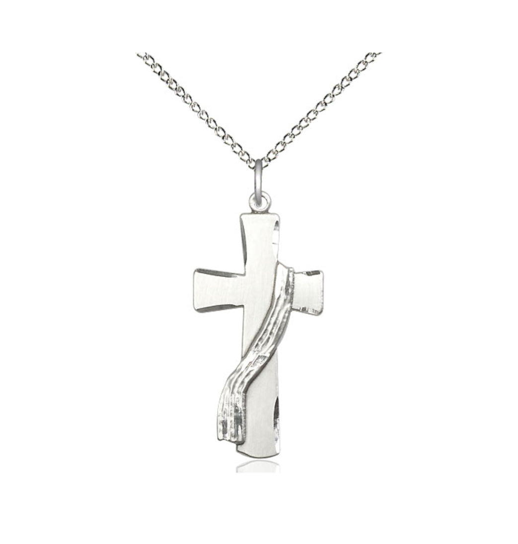 Bliss Manufacturing Sterling Silver Deacon Cross Pendant on a 18 inch Sterling Silver Light Curb Chain,