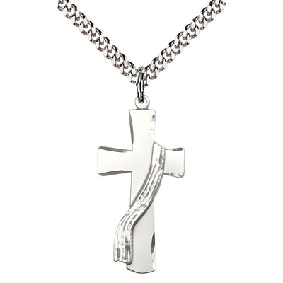 Deacon Church Cross Sterling Silver Pendant with Rhodium-plated Chain, Medal Measures 1 1/8-inch tall by 1/2-inch wide, Bliss Manufacturing