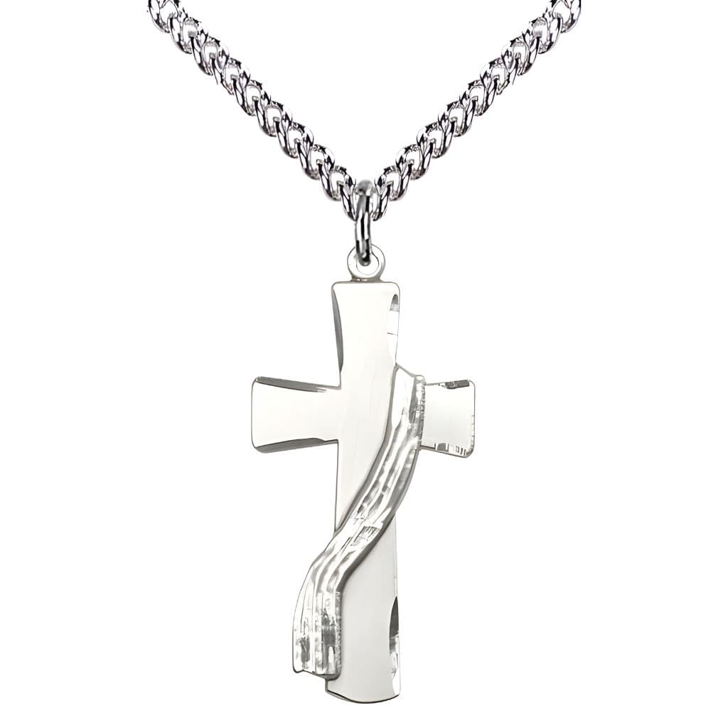 Bliss Deacon Church Cross Sterling Silver Pendant with Sterling Silver Chain, Medal Measures 1 1/8-inch tall by 1/2-inch wide