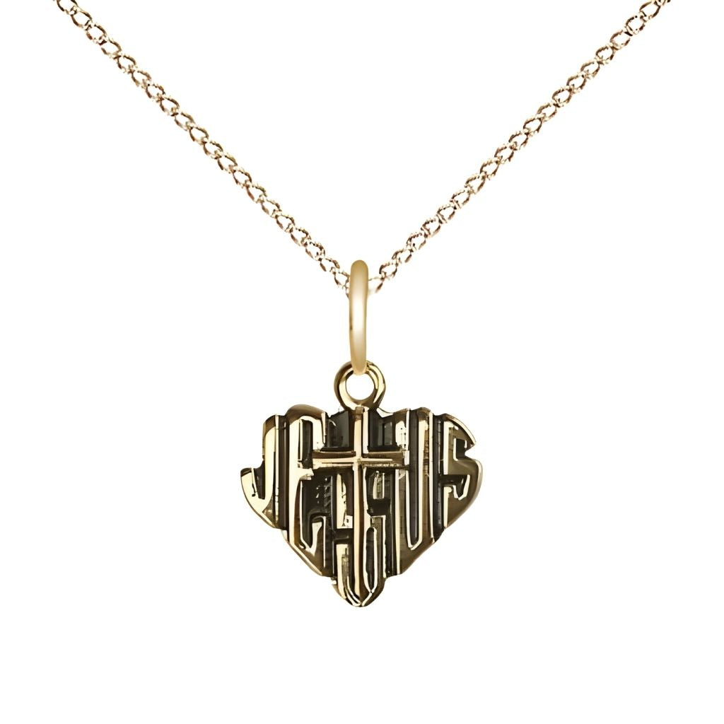 Bliss Heart of Jesus with Cross14kt Gold=filled Medal with Gold-filled Chain, Measures 3/8-inch tall by 3/8-inch wide