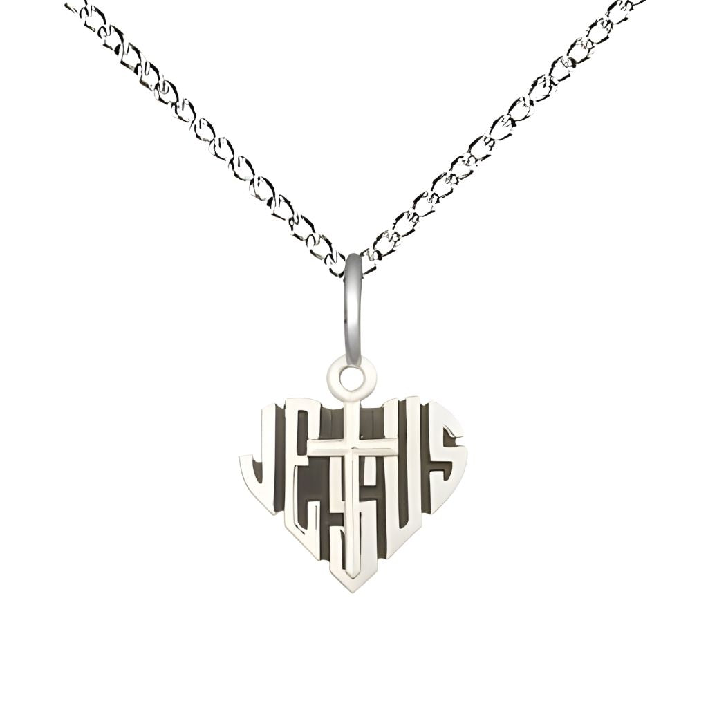 Bliss Heart of Jesus with Cross Sterling Silver Medal with Sterling Chain, Measures 3/8-inch tall by 3/8-inch wide