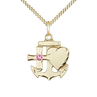 Rose Birthstone Gold-filled Faith, Hope and Charity Necklace with Gold-plated Chain, 7/8-inch tall by 3/4-inch wide, Bliss Manufacturing