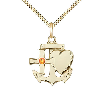 Topaz Birthstone Gold-filled Faith, Hope and Charity Necklace with Gold-plated Chain, 7/8-inch tall by 3/4-inch wide, Bliss Manufacturing