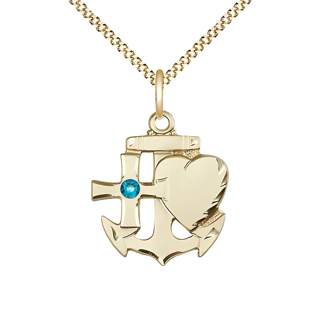 Bliss Zircon Birthstone Gold-filled Faith, Hope and Charity Necklace with Gold-plated Chain, 7/8-inch tall by 3/4-inch wide