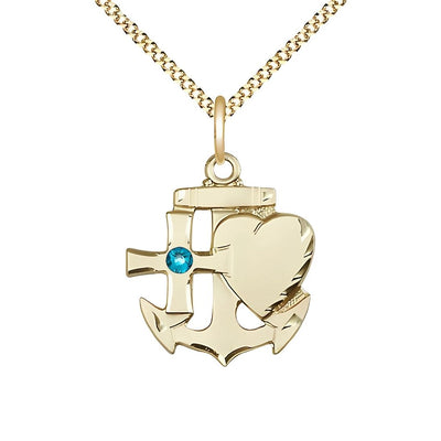 Zircon Birthstone Gold-filled Faith, Hope and Charity Necklace with Gold-plated Chain, 7/8-inch tall by 3/4-inch wide, Bliss Manufacturing