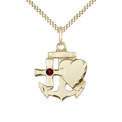 Garnet Birthstone Gold-filled Faith, Hope and Charity Necklace with Gold-plated Chain, 7/8-inch tall by 3/4-inch wide, Bliss Manufacturing