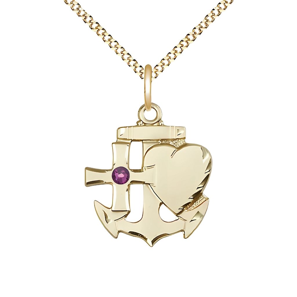 Bliss Amethyst Birthstone Gold-filled Faith, Hope and Charity Necklace with Gold-plated Chain, 7/8-inch tall by 3/4-inch wide