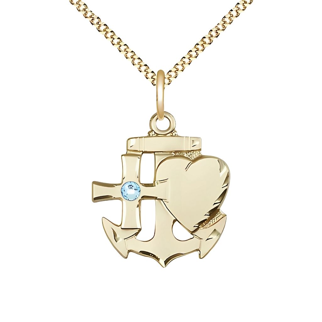 Bliss Aqua Birthstone Gold-filled Faith, Hope and Charity Necklace with Gold-plated Chain, 7/8-inch tall by 3/4-inch wide