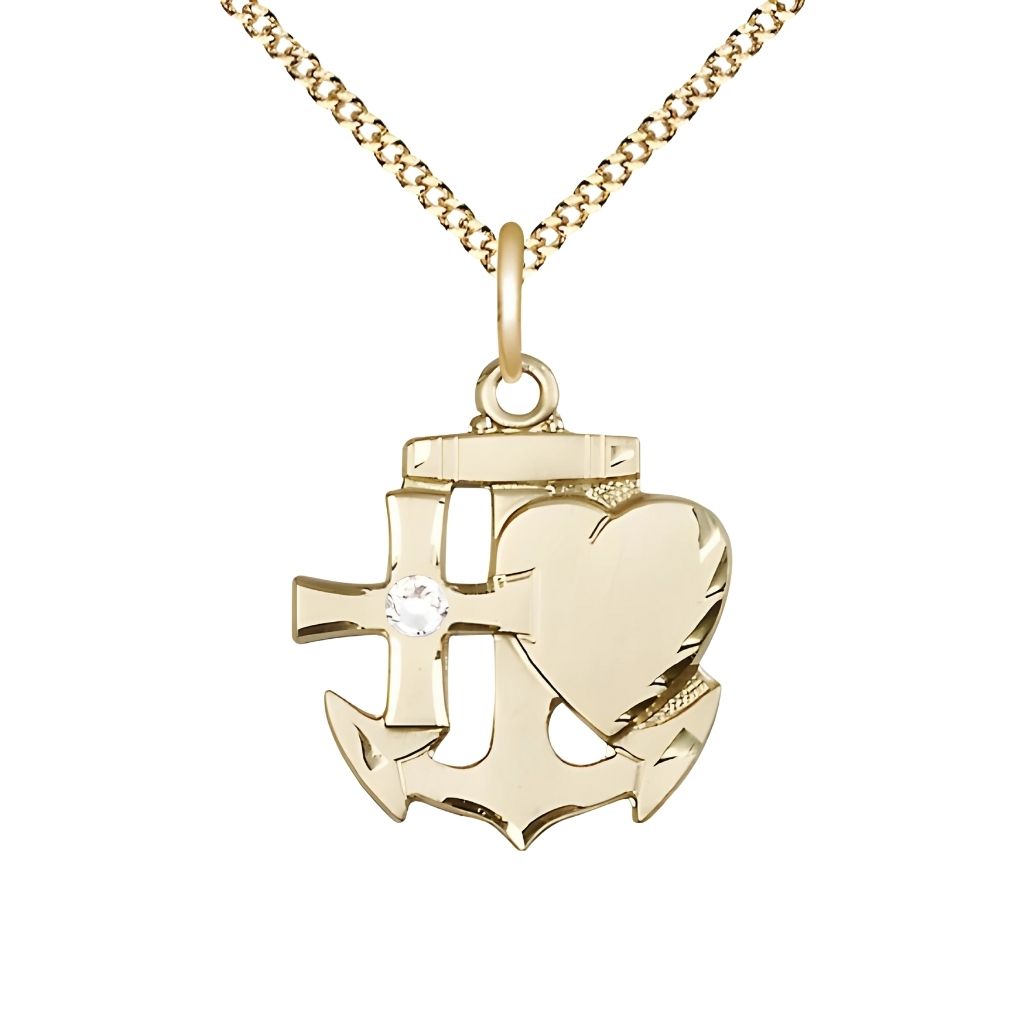 Bliss Clear Birthstone Gold-filled Faith, Hope and Charity Necklace with Gold-plated Chain, 7/8-inch tall by 3/4-inch wide