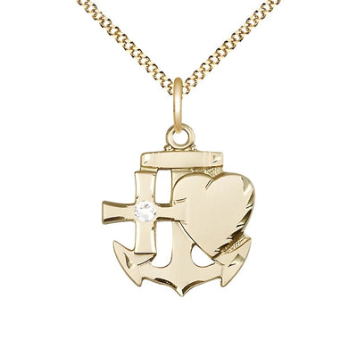 Clear Birthstone Gold-filled Faith, Hope and Charity Necklace with Gold-plated Chain, 7/8-inch tall by 3/4-inch wide in Crystal, Bliss Manufacturing