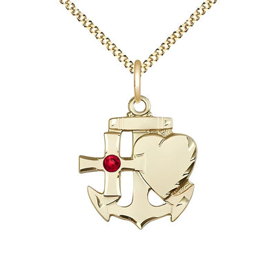 Ruby Birthstone Gold-filled Faith, Hope and Charity Necklace with Gold-plated Chain, 7/8-inch tall by 3/4-inch wide, Bliss Manufacturing