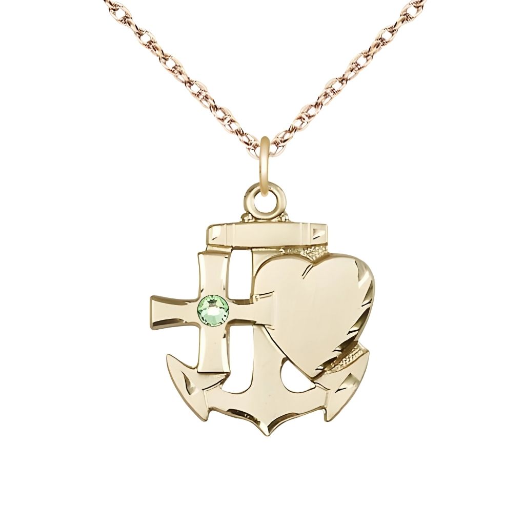 Bliss Peridot Birthstone Gold-filled Faith, Hope and Charity Necklace with Gold-filled Rope Chain, 7/8-inch tall by 3/4-inch wide