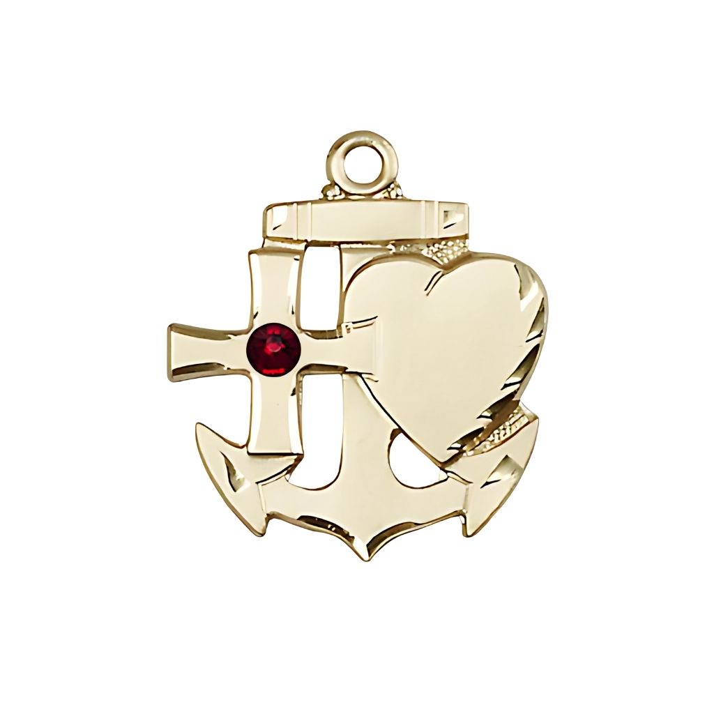 Bliss Garnet 3mm Austrian Crystal Birthstone 14kt Gold Faith, Hope and Charity Medal, Measures 3/4 inch tall by 1/2 inch wide