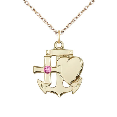 Rose Birthstone 14kt Gold Faith, Hope and Charity Necklace with 14kt Gold Rope Chain, 7/8-inch tall by 3/4-inch wide, Bliss Manufacturing
