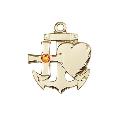 Topaz 3mm Austrian Crystal Birthstone 14kt Gold Faith, Hope and Charity Medal, Measures 3/4 inch tall by 1/2 inch wide, Bliss Manufacturing