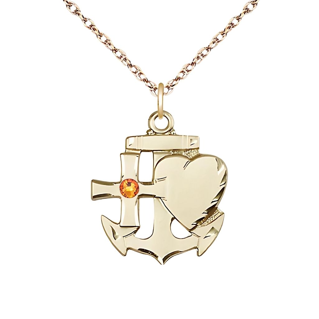 Bliss Topaz Birthstone 14kt Gold Faith, Hope and Charity Necklace with 14kt Gold Rope Chain, 7/8-inch tall by 3/4-inch wide