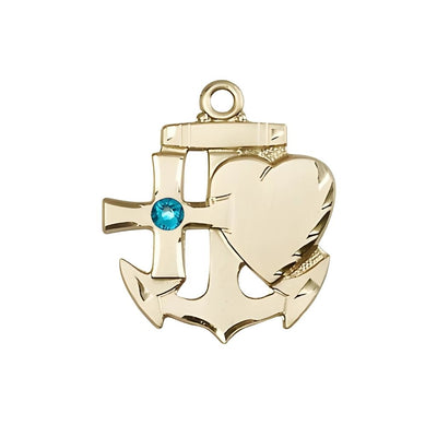 Zircon 3mm Austrian Crystal Birthstone 14kt Gold Faith, Hope and Charity Medal, Measures 3/4 inch tall by 1/2 inch wide, Bliss Manufacturing