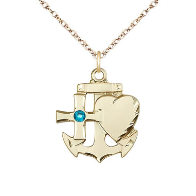Zircon Birthstone 14kt Gold Faith, Hope and Charity Necklace with 14kt Gold Rope Chain, 7/8-inch tall by 3/4-inch wide, Bliss Manufacturing