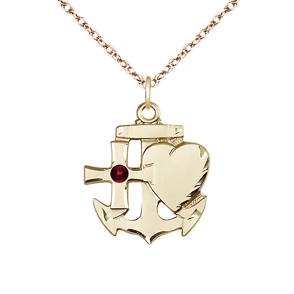 Bliss Garnet Birthstone 14kt Gold Faith, Hope and Charity Necklace with 14kt Gold Rope Chain, 7/8-inch tall by 3/4-inch wide