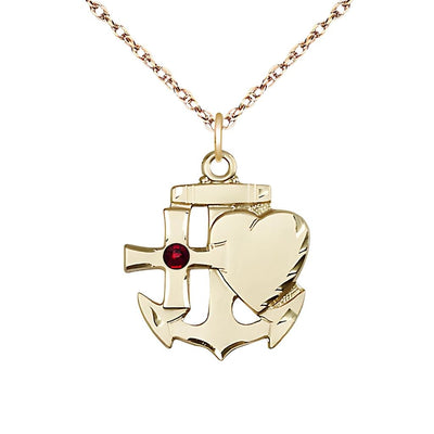 Garnet Birthstone 14kt Gold Faith, Hope and Charity Necklace with 14kt Gold Rope Chain, 7/8-inch tall by 3/4-inch wide, Bliss Manufacturing