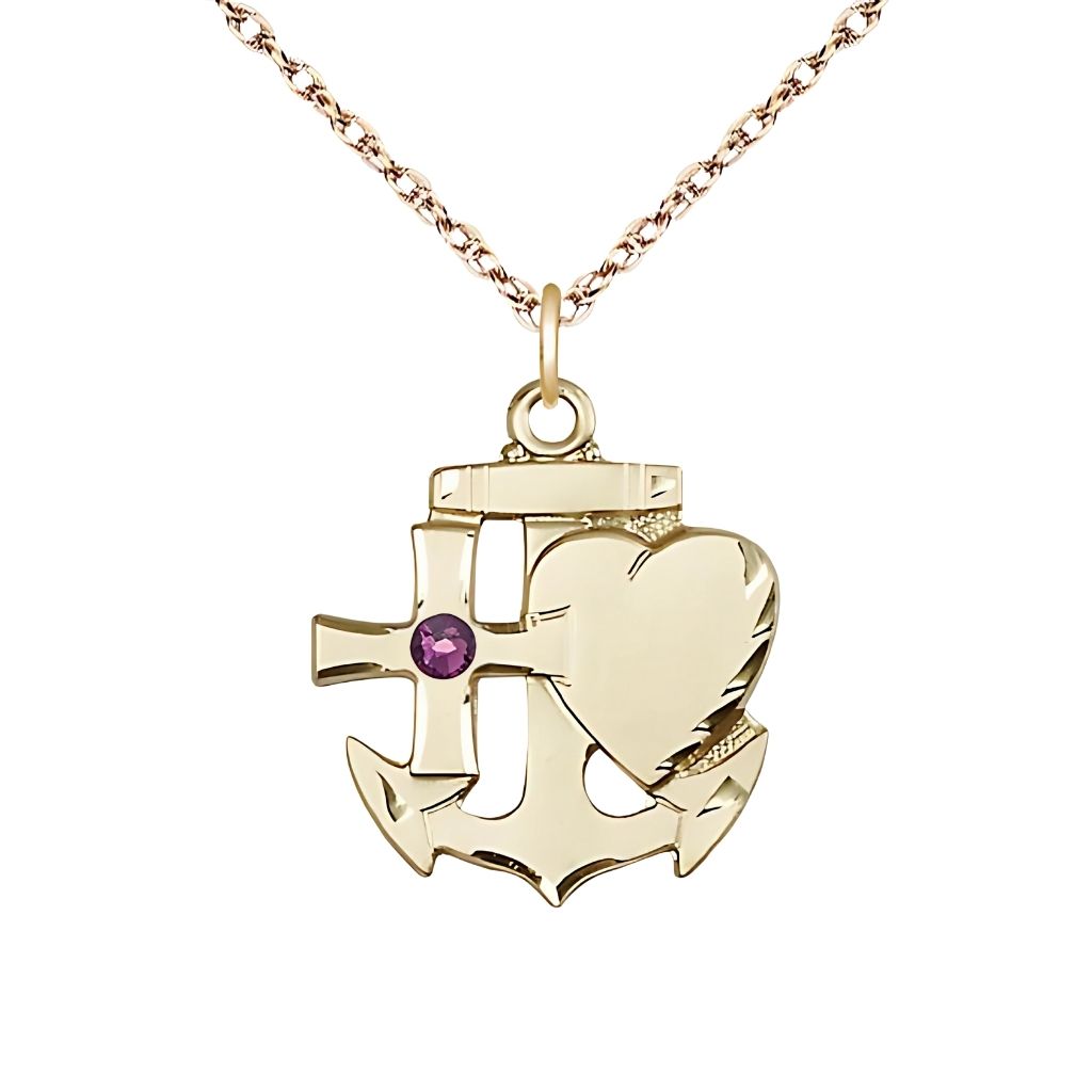 Bliss Amethyst Birthstone 14kt Gold Faith, Hope and Charity Necklace with 14kt Gold Rope Chain, 7/8-inch tall by 3/4-inch wide