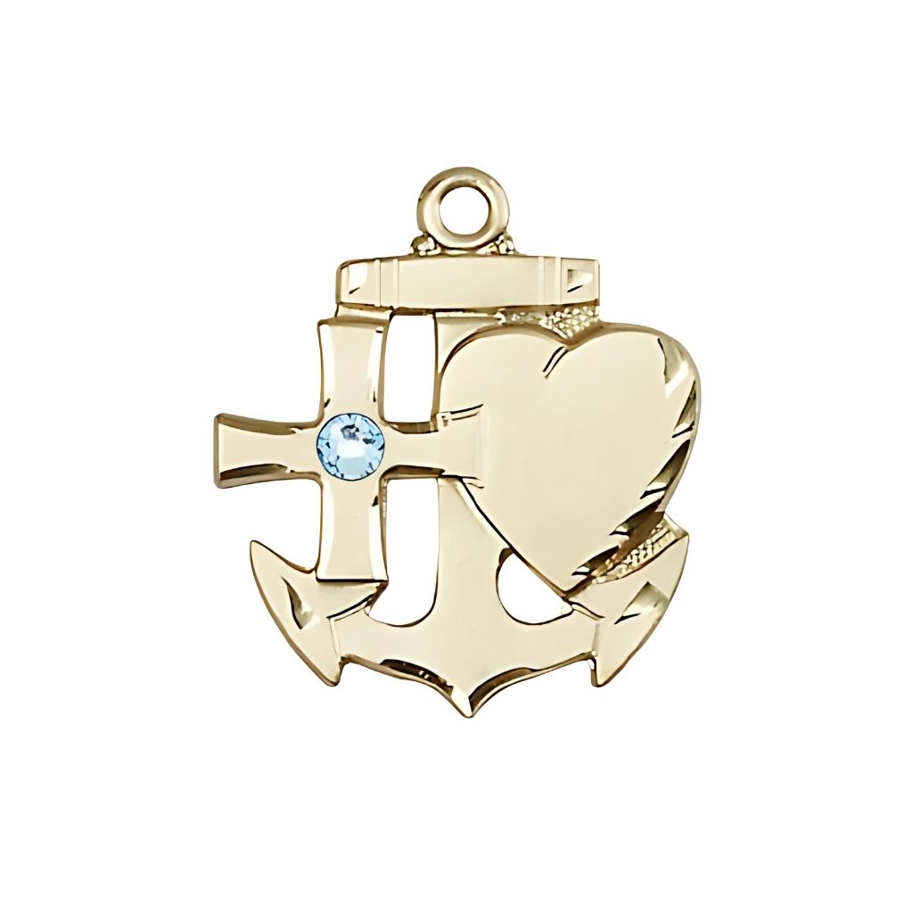 Bliss Aqua 3mm Austrian Crystal Birthstone 14kt Gold Faith, Hope and Charity Medal, Measures 3/4 inch tall by 1/2 inch wide
