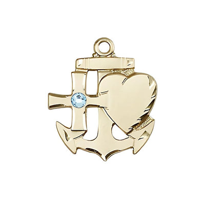 Aqua 3mm Austrian Crystal Birthstone 14kt Gold Faith, Hope and Charity Medal, Measures 3/4 inch tall by 1/2 inch wide, Bliss Manufacturing