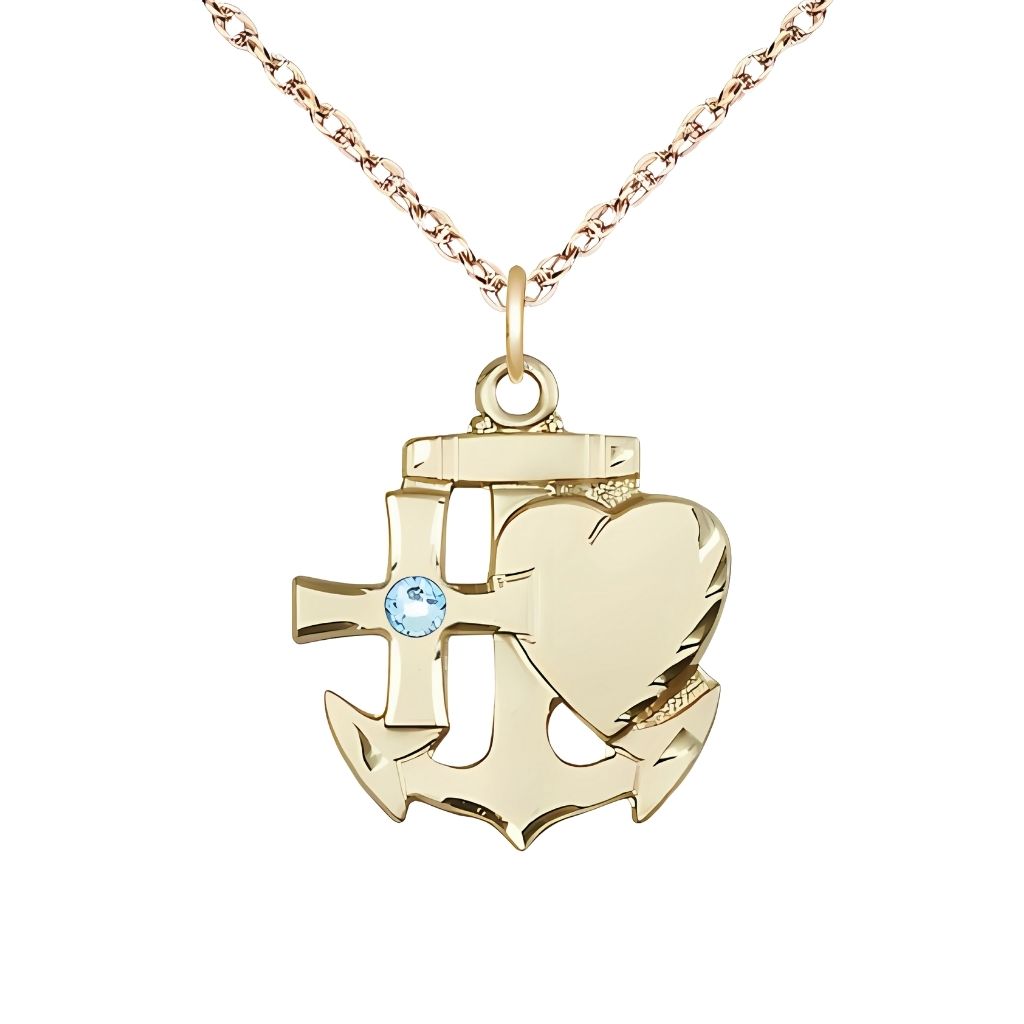 Bliss Aqua Birthstone 14kt Gold Faith, Hope and Charity Necklace with 14kt Gold Rope Chain, 7/8-inch tall by 3/4-inch wide