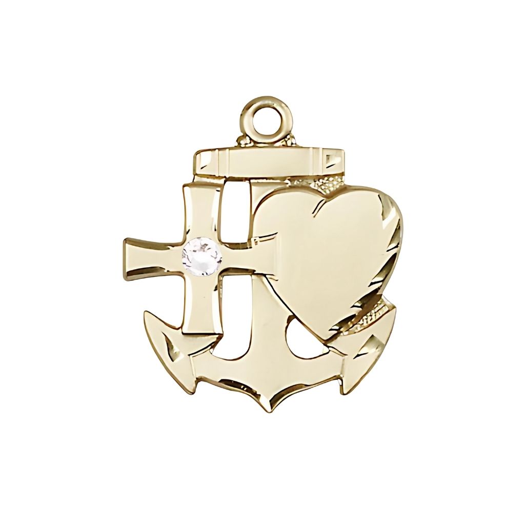Bliss Clear 3mm Austrian Crystal Birthstone 14kt Gold Faith, Hope and Charity Medal, Measures 3/4 inch tall by 1/2 inch wide