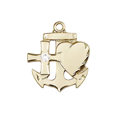 Clear 3mm Austrian Crystal Birthstone 14kt Gold Faith, Hope and Charity Medal, Measures 3/4 inch tall by 1/2 inch wide, Bliss Manufacturing