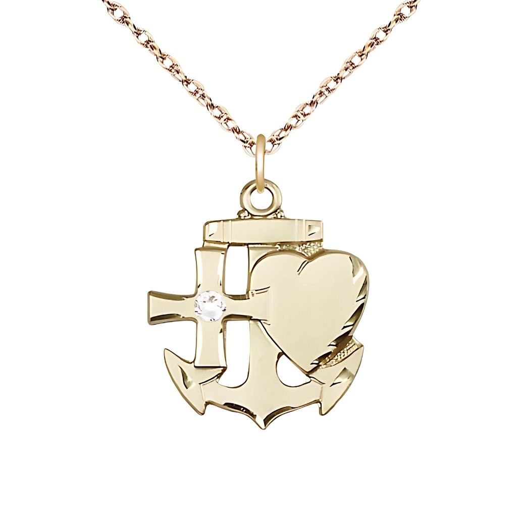 Bliss Clear Birthstone 14kt Gold Faith, Hope and Charity Necklace with 14kt Gold Rope Chain, 7/8-inch tall by 3/4-inch wide