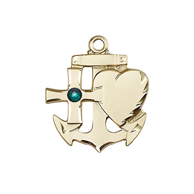 Emerald 3mm Austrian Crystal Birthstone 14kt Gold Faith, Hope and Charity Medal, Measures 3/4 inch tall by 1/2 inch wide, Bliss Manufacturing