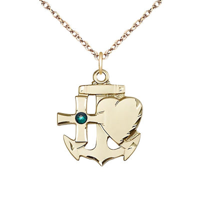 Emerald Birthstone 14kt Gold Faith, Hope and Charity Necklace with 14kt Gold Rope Chain, 7/8-inch tall by 3/4-inch wide, Bliss Manufacturing