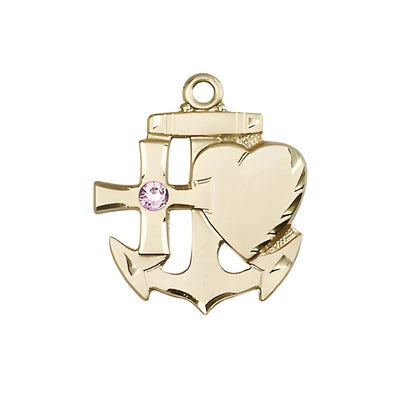 Light Amethyst 3mm Austrian Crystal Birthstone 14kt Gold Faith, Hope and Charity Medal, Measures 3/4 inch tall by 1/2 inch wide, Bliss Manufacturing