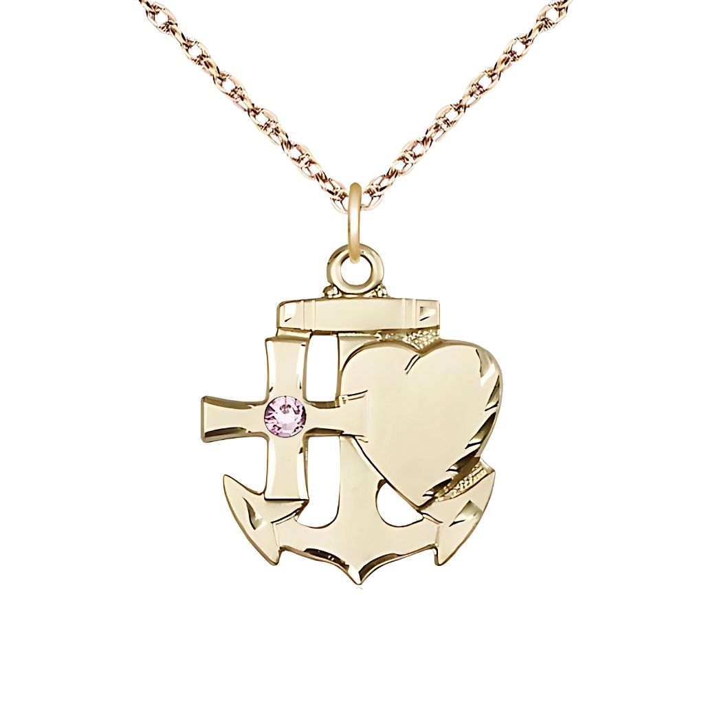 Bliss Light Amethyst Birthstone 14kt Gold Faith, Hope and Charity Necklace with 14kt Gold Rope Chain, 7/8-inch tall by 3/4-inch wide