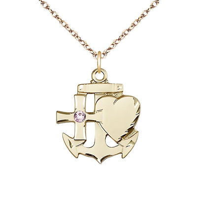 Light Amethyst Birthstone 14kt Gold Faith, Hope and Charity Necklace with 14kt Gold Rope Chain, 7/8-inch tall by 3/4-inch wide, Bliss Manufacturing