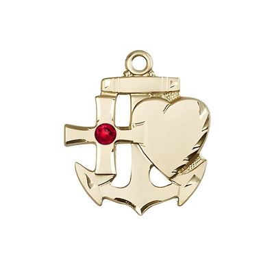 Ruby 3mm Austrian Crystal Birthstone 14kt Gold Faith, Hope and Charity Medal, Measures 3/4 inch tall by 1/2 inch wide, Bliss Manufacturing