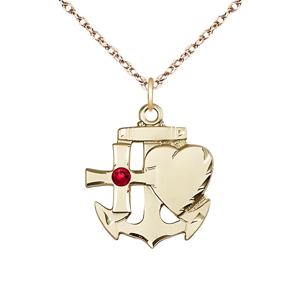 Bliss Ruby Birthstone 14kt Gold Faith, Hope and Charity Necklace with 14kt Gold Rope Chain, 7/8-inch tall by 3/4-inch wide