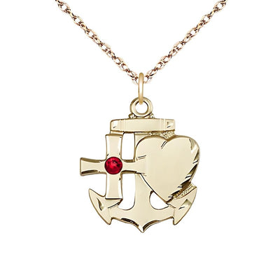 Ruby Birthstone 14kt Gold Faith, Hope and Charity Necklace with 14kt Gold Rope Chain, 7/8-inch tall by 3/4-inch wide, Bliss Manufacturing