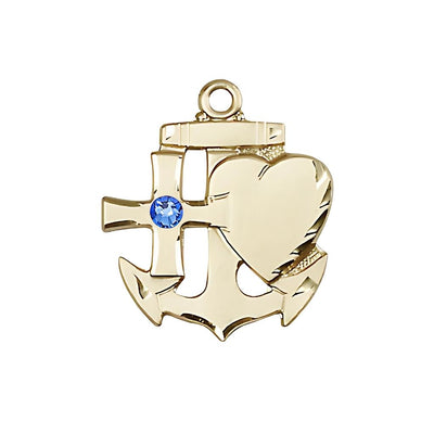 Sapphire 3mm Austrian Crystal Birthstone 14kt Gold Faith, Hope and Charity Medal, Measures 3/4 inch tall by 1/2 inch wide, Bliss Manufacturing