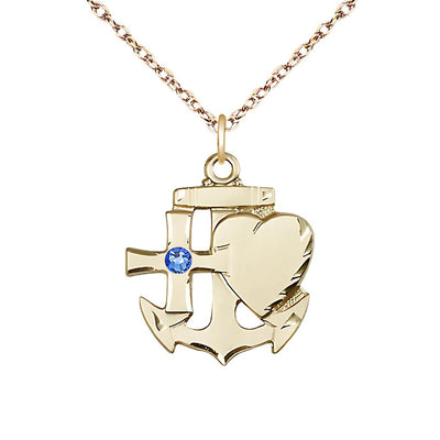 Sapphire Birthstone 14kt Gold Faith, Hope and Charity Necklace with 14kt Gold Rope Chain, 7/8-inch tall by 3/4-inch wide, Bliss Manufacturing