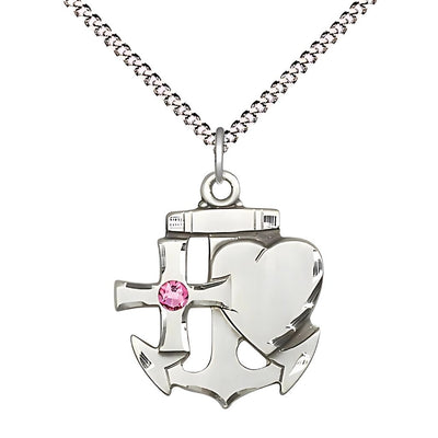 Faith, Hope & Charity Sterling Birthstone 3mm Rose Austrian Crystal Pendant Necklace with Rhodium-plated Chain, Medal, Measures 7/8-inch tall by 3/4-inch wide, Bliss Manufacturing